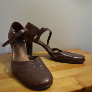 Franco Sarto brown ankle strap brogue heels